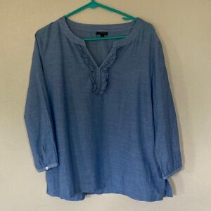 Talbots Chambray 3/4 Sleeve Ruffle Neck Blouse